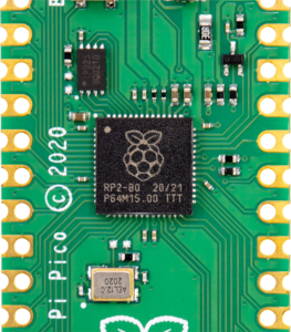 Close up photo of microcontroller RP2040 on the Raspberry Pi Pico