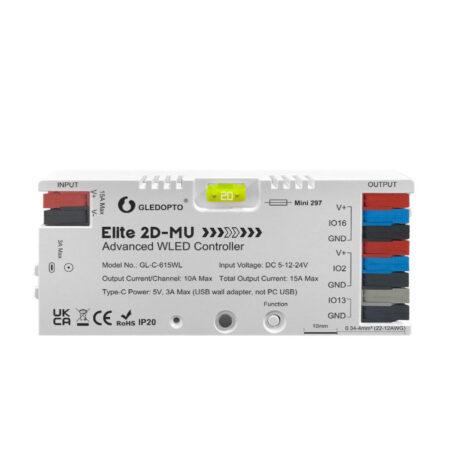 Gledopto Elite 2D-MU Advanced WLED Controller – Two-channel RGBIC LED controller with microphone, USB‑C, ESP32, Wi‑Fi (GL-C-615WL)