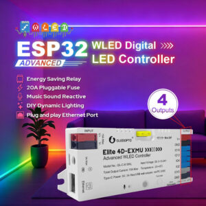 Gledopto Elite 4D-EXMU Advanced WLED Controller – Four-channel RGBIC LED controller with microphone, USB‑C, ESP32, Wi‑Fi, Ethernet (GL-C-618WL)